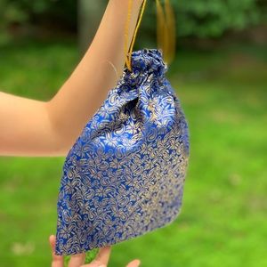 Indian 100% Silk Pouch Blue w/ Gold Detailing